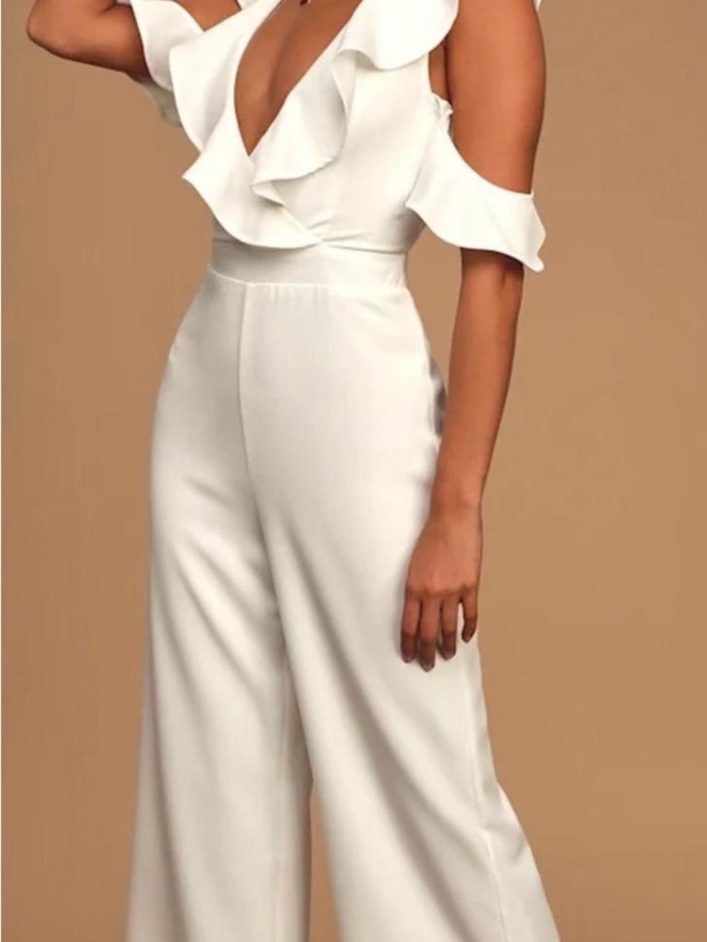 Lulu's White Ruffle V-Neck Cold-Shoulder Wide-Leg Jumpsuit